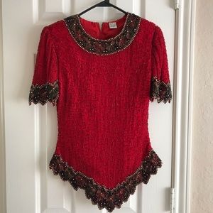 Red Vintage Beaded Silk Top size Small